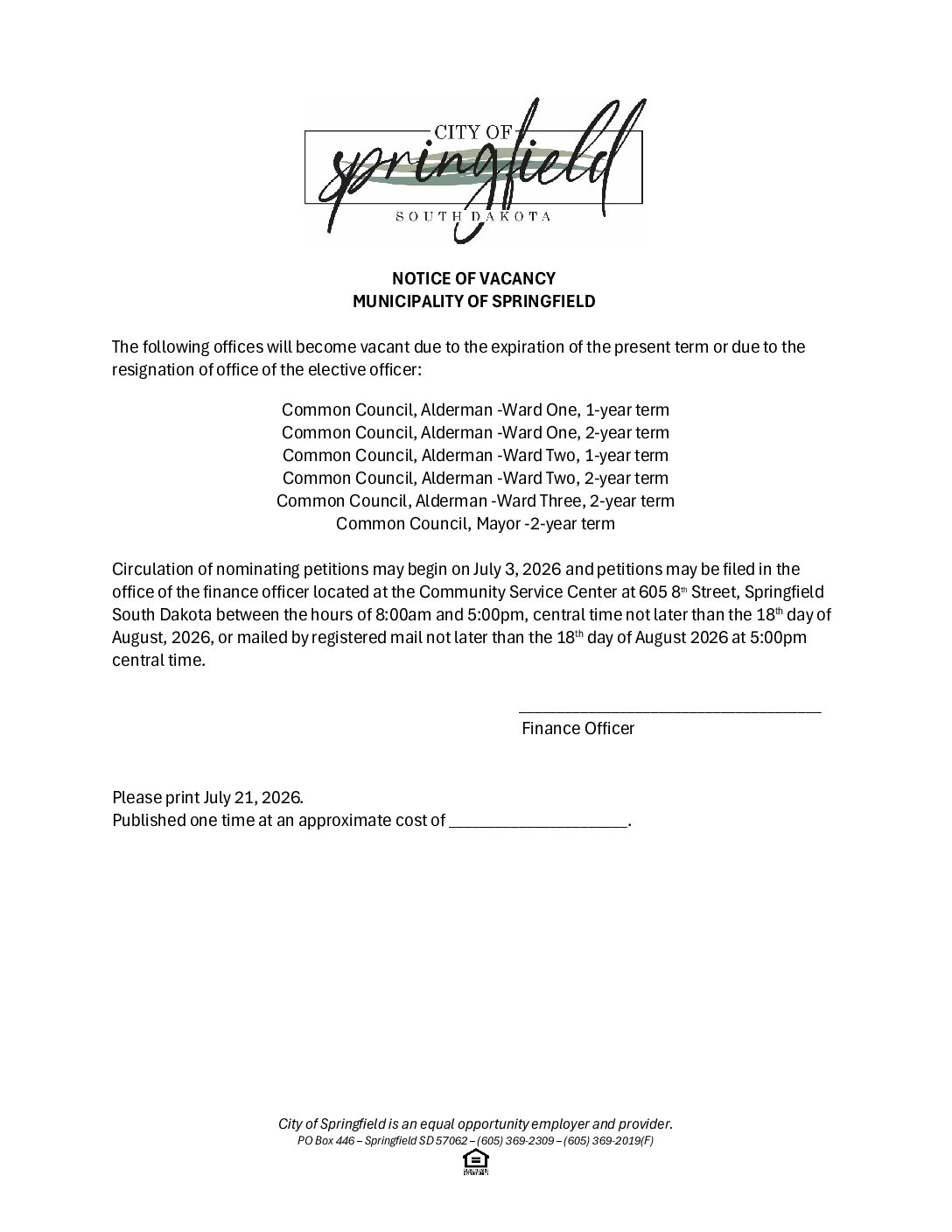 TAKE NOTE OF DATE CHANGE–PETITIONS DUE AUGUST 18TH INSTEAD OF AUGUST 25TH