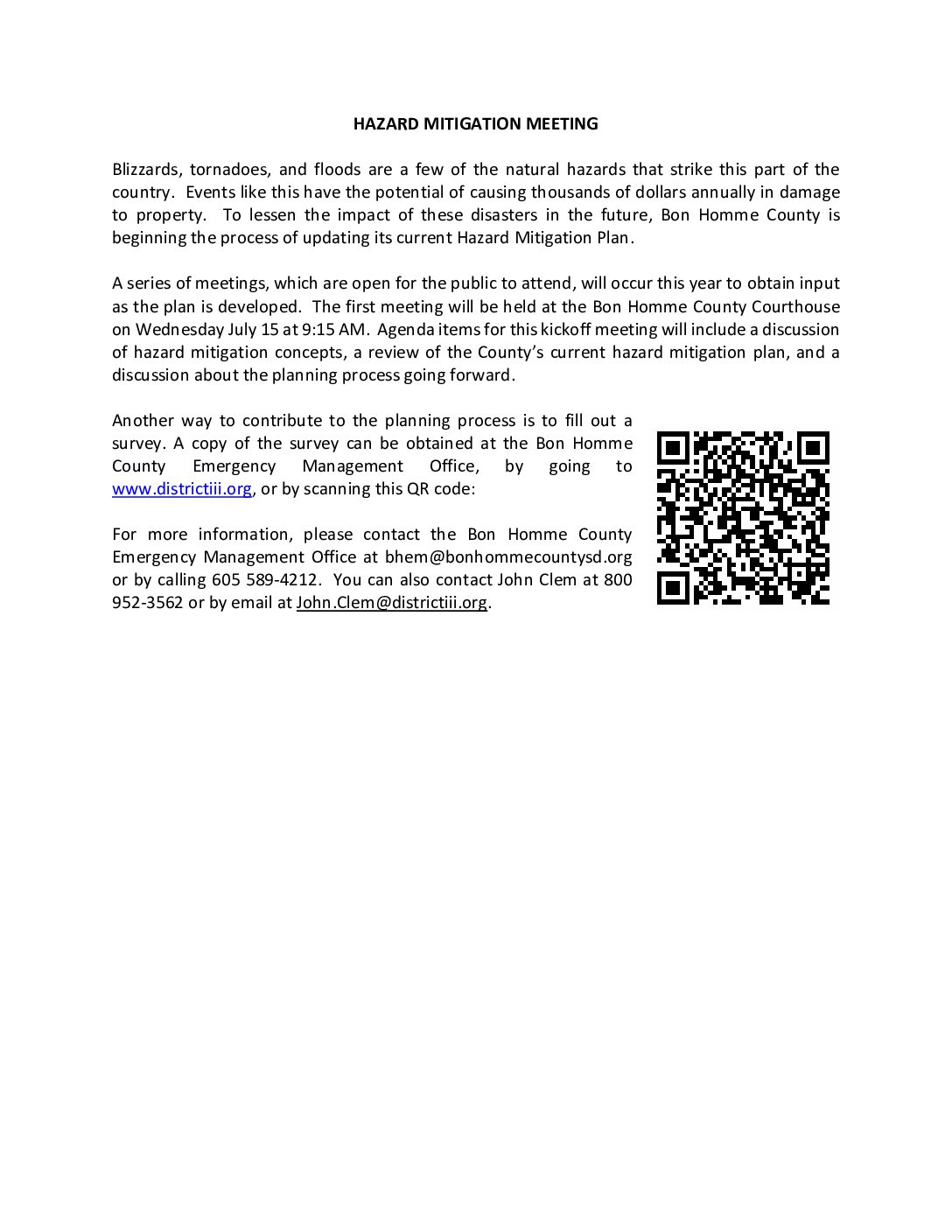Bon Homme County Hazard Mitigation Meeting